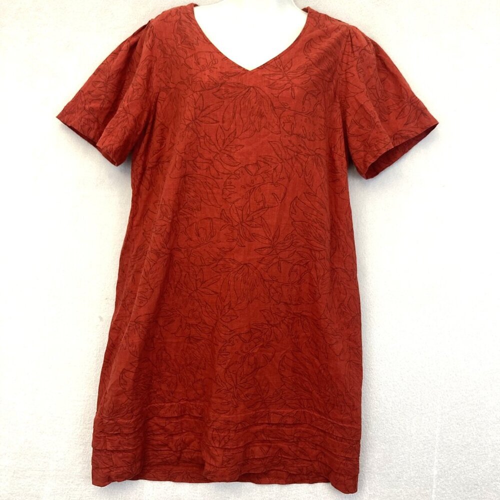Nicole Miller Linen Blend Shift Dress Womens Large Red Short Sleeve Floral